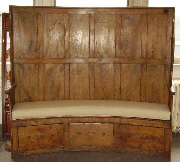 A LATE 19TH CENTURY PROVINCIAL STYLE SETTEE: FRUITWOOD, CURVED BACK Height 70", Width 7', Depth 33"