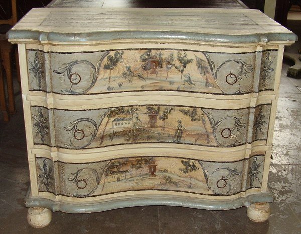 AN ITALIAN 19TH CENTURY POLYCHROMED PINE CHEST: THE WHOLE DECORATED WITH SCENES OF RURAL LIFE. Height 33-1/2", Width 43", Depth 22-1/4"