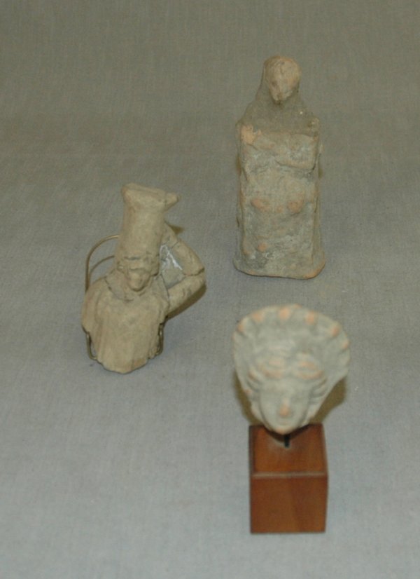 A GROUP OF THREE FIGURAL FRAGMENTS, head, 2 1/2" - : A GROUP OF THREE FIGURAL FRAGMENTS, head, 2 1/2" - jug head of woman, 4", seated woman, 6"