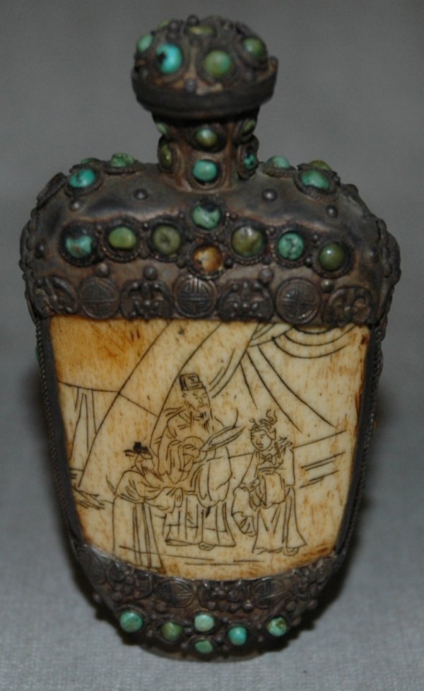 A TURQUOISE-MOUNTED TIN AND INCISED IVORY SNUFF BO: A TURQUOISE-MOUNTED TIN AND INCISED IVORY SNUFF BOTTLE, height 4"