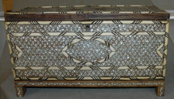 A SYRIAN 19TH CENTURY BONE & MOTHER-OF-PEARL INLAI: A SYRIAN 19TH CENTURY BONE & MOTHER-OF-PEARL INLAID TABLE CABINET, with drop front and lock, height 11 3/4", length 20"