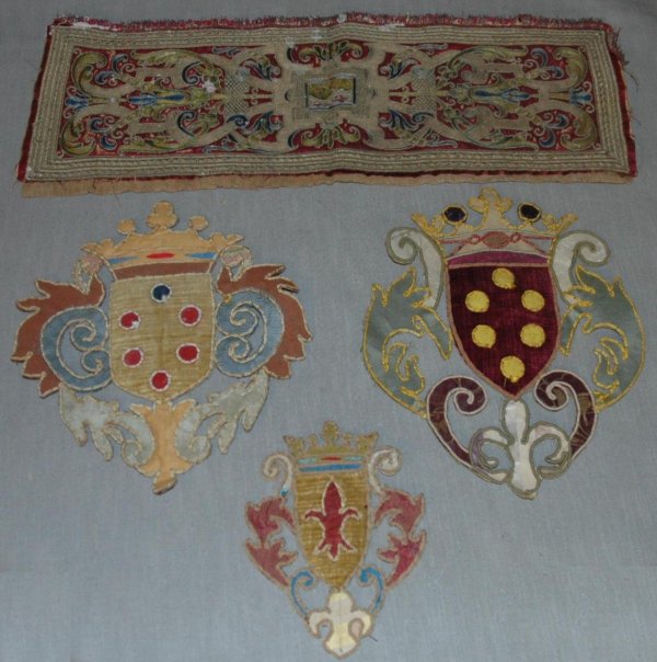 A SPANISH EMBROIDERED PANEL WITH TWO MEDICI FAMILY: A SPANISH EMBROIDERED PANEL WITH TWO MEDICI FAMILY ARMORIALS AND ONE ARMORIAL, Late 16th early 17th Century, for similar examples, see Monique and Donald King, European Textiles in the Keir Collection
