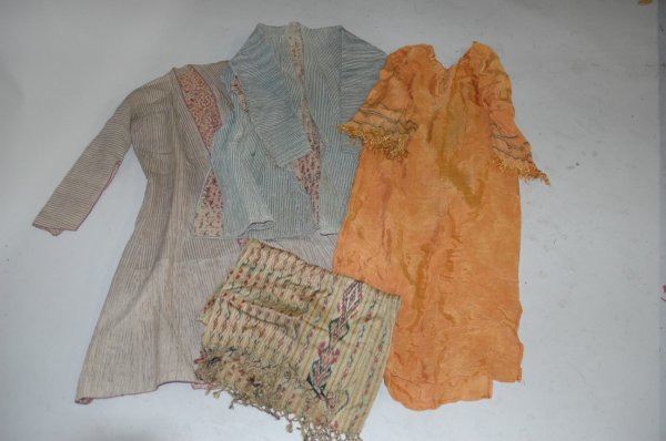 A GROUP OF TURKISH CLOTHING, consisting of a short: A GROUP OF TURKISH CLOTHING, consisting of a short jacket and coat, one embroidered shift and a scarf