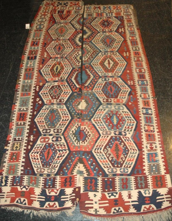 A PAIR OF UN-ASSEMBLED KILIM RUG BANDS, 11' x 2' 8: A PAIR OF UN-ASSEMBLED KILIM RUG BANDS, 11' x 2' 8" and 10' 2" x 2' 8"