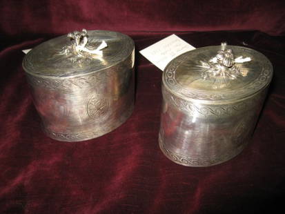 PAIR GEORGE III ENGLISH SILVER TEA CADDIES WITH SCRO: PAIR GEORGE III ENGLISH SILVER TEA CADDIES WITH SCROLLING TRIM AND FLORAL HANDLES, MARKED LONDON 1781