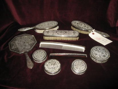 10 PIECE PERSIAN SILVER VANITY DRESSER SET WITH ALL: 10 PIECE PERSIAN SILVER VANITY DRESSER SET WITH ALL OVER SCROLLING AND ISLAMIC DESIGNS