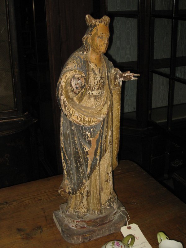 ANTIQUE CARVED AND PAINTED SANTOS FIGURE, FULL ROB: ANTIQUE CARVED AND PAINTED SANTOS FIGURE, FULL ROBE WITH FIGURE HAVING CROWN (FINGER LOSSES) , 26 INCHES TALL