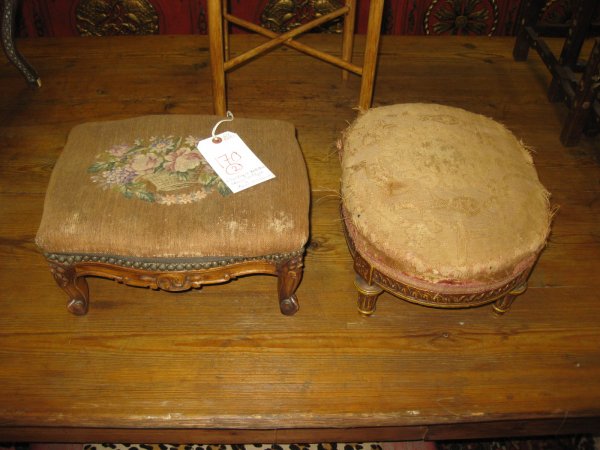TWO FRENCH CARVED FOOTSTOOLS, LOUIS XV STYLE WITH : TWO FRENCH CARVED FOOTSTOOLS, LOUIS XV STYLE WITH NEEDLEPOINT AND LOUIS XVI STYLE WITH LACE