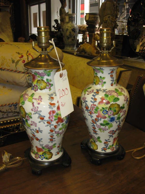PAIR ORIENTAL PORCELAIN VASE LAMPS, FLORAL AND FRU: PAIR ORIENTAL PORCELAIN VASE LAMPS, FLORAL AND FRUIT DESIGN