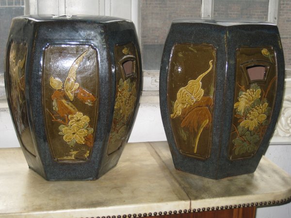 PAIR OF ORIENTAL GLAZED CERAMIC GARDEN SEATS, FLOR: PAIR OF ORIENTAL GLAZED CERAMIC GARDEN SEATS, FLORAL PANEL DESIGNS, WITH 2 OPEN HANDLES