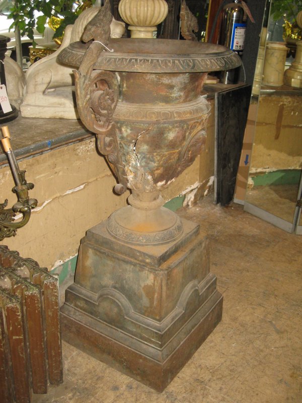 RENAISSANCE STYLE CAST IRON URN ON PEDESTAL (AGE C: RENAISSANCE STYLE CAST IRON URN ON PEDESTAL (AGE CRACK), BY: ABENDROTH, NY