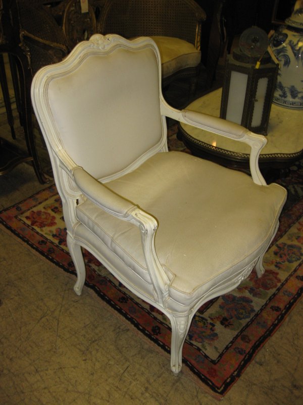 PAIR LOUIS XV STYLE WHITE PAINTED FAUTEUILS, WITH : PAIR LOUIS XV STYLE WHITE PAINTED FAUTEUILS, WITH SIMULATED LEATHER UPHOLSTERY