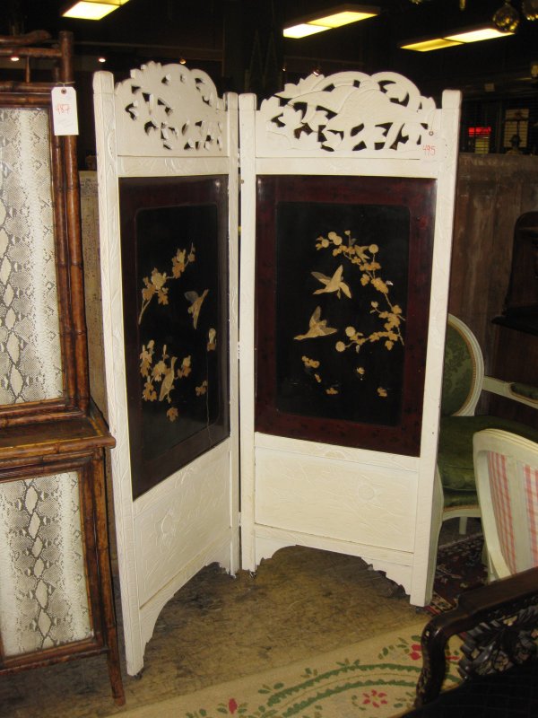 PAINTED CHINESE 2 PANEL SCREEN, BONE INLAY WITH SO: PAINTED CHINESE 2 PANEL SCREEN, BONE INLAY WITH SOME LOSSES