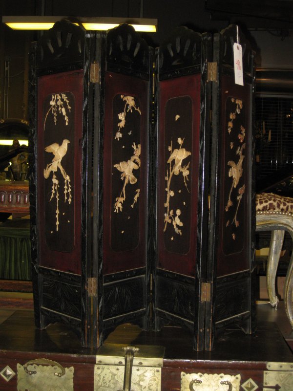 CHINESE 4 PANEL TABLE SCREEN, BONE INLAYS OF BIRD : CHINESE 4 PANEL TABLE SCREEN, BONE INLAYS OF BIRD DESIGN