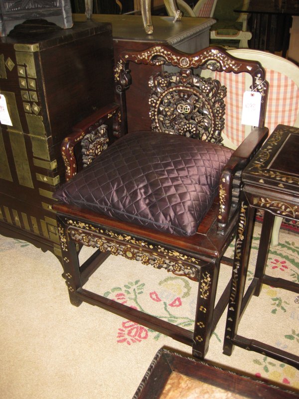 2 CHINESE TEAKWOOD OPEN ARMCHAIRS, ALL OVER MOTHER: 2 CHINESE TEAKWOOD OPEN ARMCHAIRS, ALL OVER MOTHER OF PEARL INLAY, 1 WITH MARBLE BACK AND SEAT, OUTER STRETCHERS