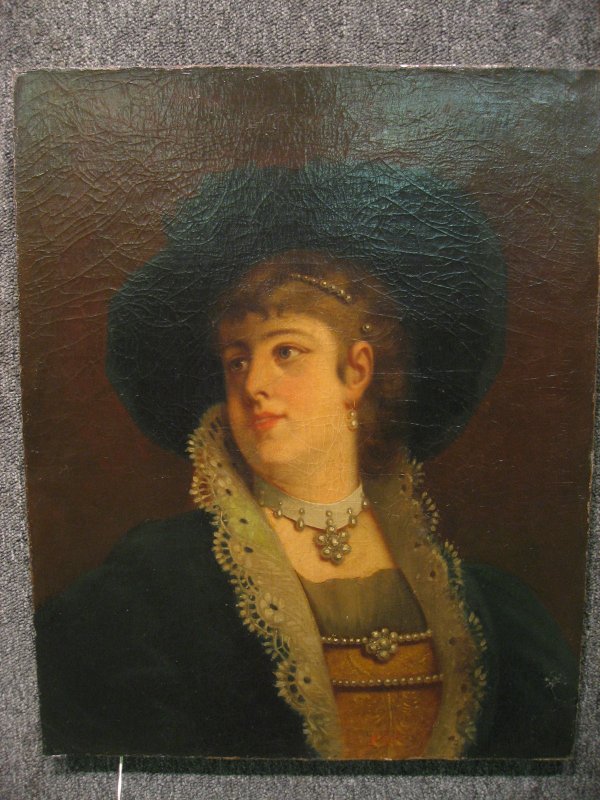 UNFRAMED OIL ON CANVAS - PORTRAIT OF WOMAN WITH NE: UNFRAMED OIL ON CANVAS - PORTRAIT OF WOMAN WITH NECKLACE, 27 X 22