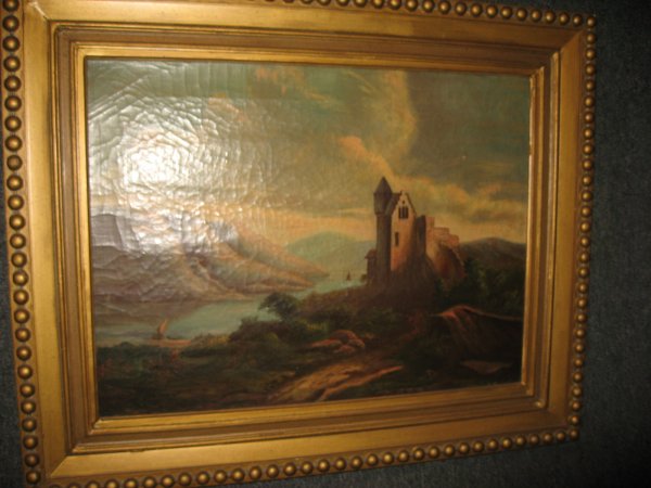 OIL ON CANVAS - MOUNTAIN LAKESCAPE WITH HOUSE, 18 : OIL ON CANVAS - MOUNTAIN LAKESCAPE WITH HOUSE, 18 X 23
