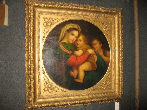 LARGE ROUND OIL ON CANVAS - MADONNA WITH CHILDREN,: LARGE ROUND OIL ON CANVAS - MADONNA WITH CHILDREN, SOME PAINT FLAKING, 31 X 31