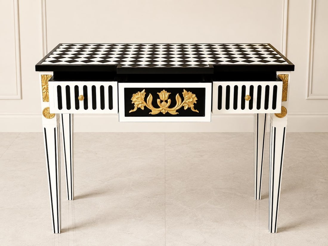 Courtly checkered Console Table-Black/white-Read: COMING SOON- Expected Arrival early September, Reserve NOW PRODUCT DETAILS Standout style Courtly Stripes, rich with texture and infused with color, as only our artisans can do. The beautifully propor