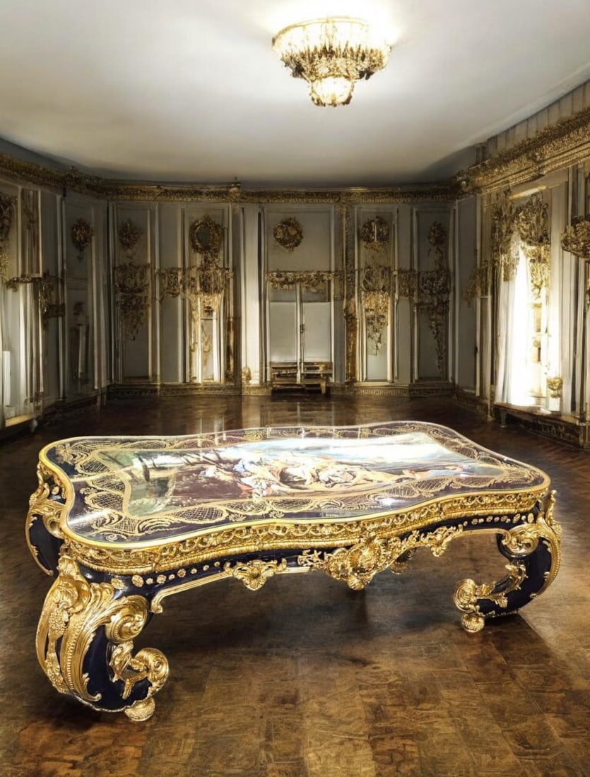Baroque Masterpiece Hand-Painted Table Gilded: Please allow approximately 45 days for crafting, followed by shipping time. Make a grand statement with this museum-worthy Baroque-style dining table, a stunning blend of hand-painted artistry and lux