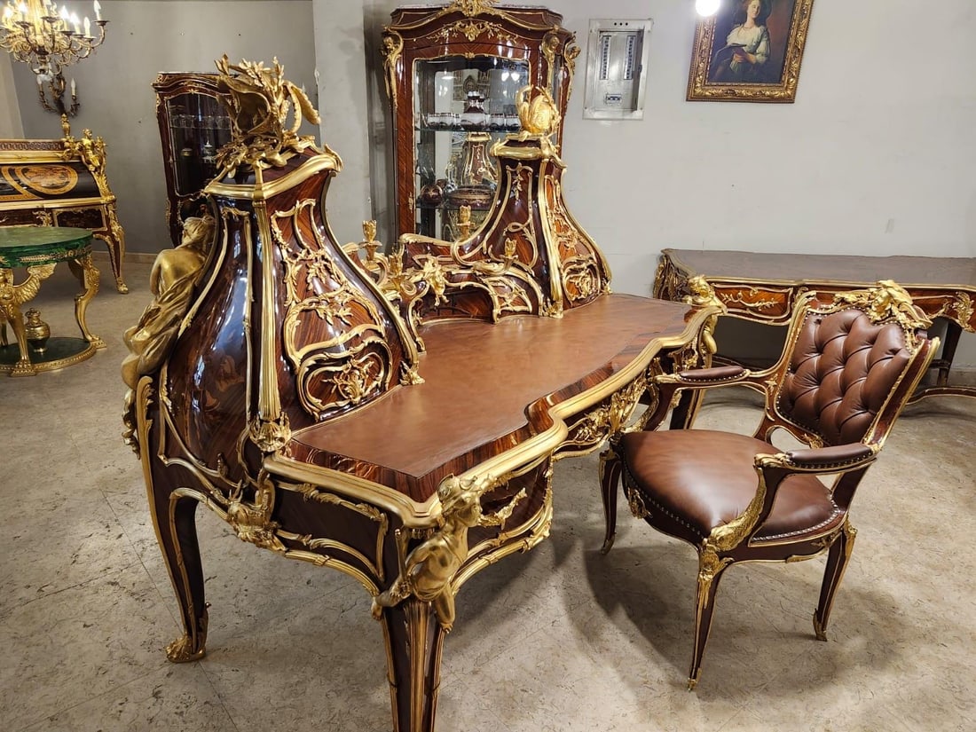 Louis XV-Style Mahogany Desk and Chair Set –: Dimensions: 74.8" L 45.7" D 66.9" H A rare collector's piece perfect for a grand home office, library, or palace-style decor. i Up to 12 weeks process Time i Payments plan available ( Klarna ) iDesk c
