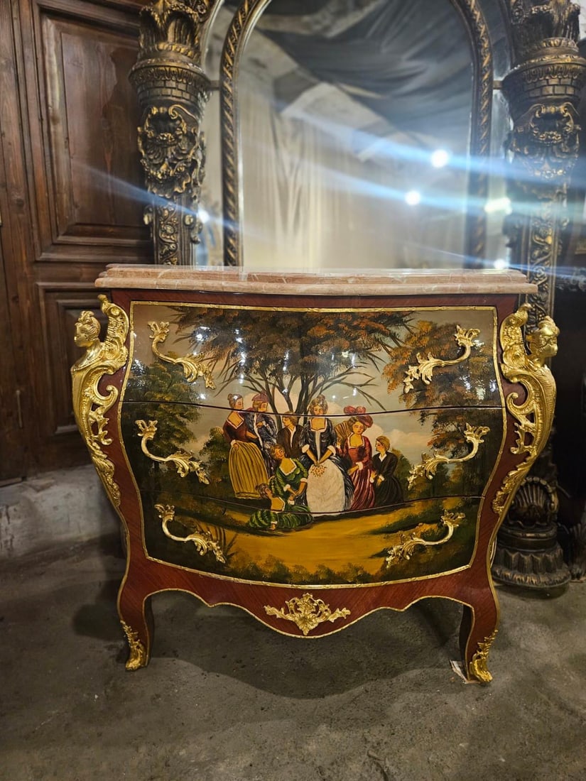Louis XV Bombe Chest – Hand-Painted Antique: Please note: This item requires up to 60 days processing& delivery time, as it ships via LCL freight with premium white glove handling to ensure safe and careful delivery. Louis XV Style Hand-Painted 