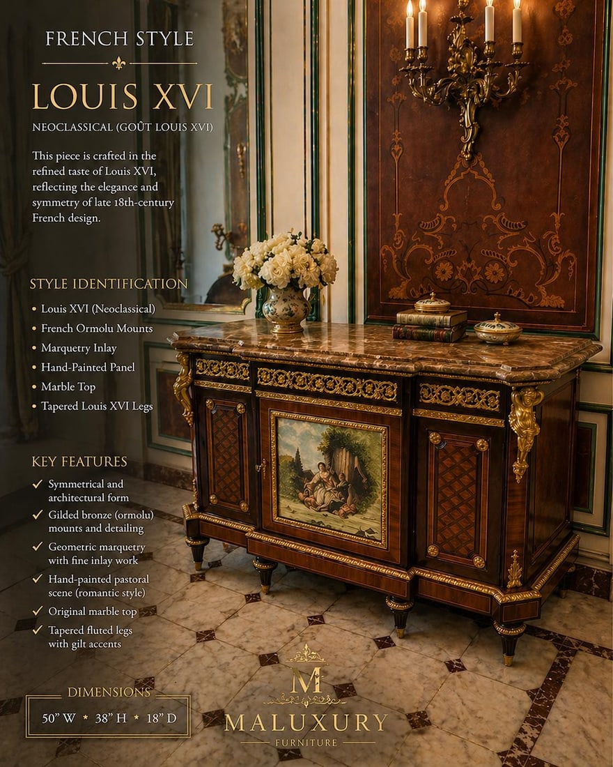 Louis XVI Marquetry Neoclassical French Cabinet: DIMENSIONS - Width: 50 inches - Height: 38 inches - Depth: 18 inches ( without Marble) Elevate your interior with this exceptional Louis XVI-style sideboard, a true statement of French neoclassical el