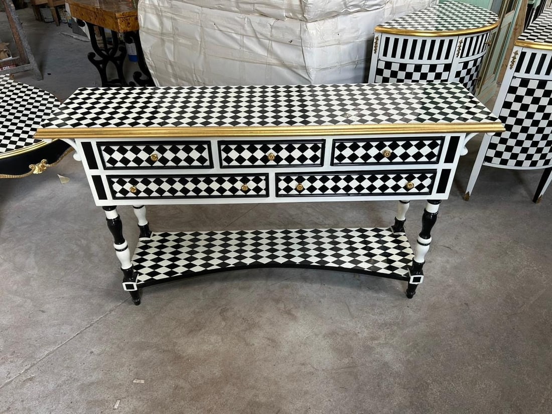 Handmade Louis XV Checkered Console Table:: OUT STOCK -Available For made to order (45 days processing time ) Reach out before ordering for arrangements unique Louis XV-style console table with a distinctive checkered pattern, handmade craftsma
