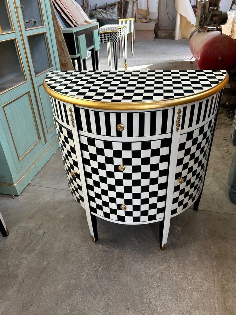 Louis XV Checkered Half Moon Side Table - Black (1 of 4)