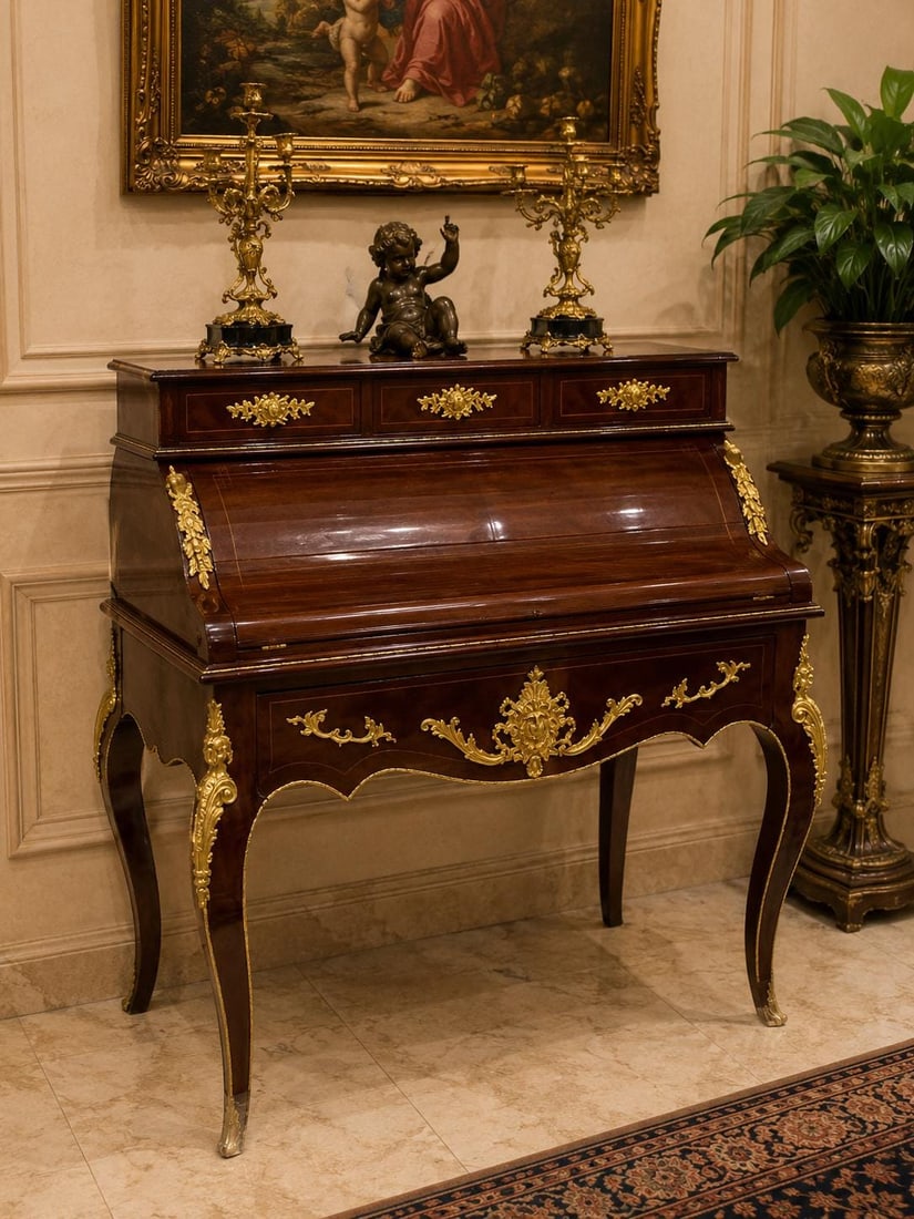 French Louis XV Secretary Desk | Hand-Painted: COMING SOON - RESERVE NOW ONE & ONLY ONE AVAILABLE A breathtaking example of French craftsmanship, this Louis XV Secretary Desk is handcrafted from solid mahogany and finished in a rich ebonized black