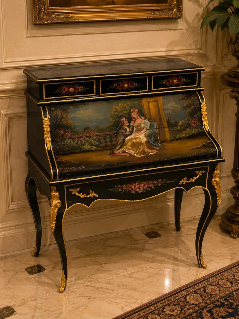 French Louis XV Secretary Desk | Hand-Painted: COMING SOON - RESERVE NOW ONE & ONLY ONE AVAILABLE A breathtaking example of French craftsmanship, this Louis XV Secretary Desk is handcrafted from solid mahogany and finished in a rich ebonized black