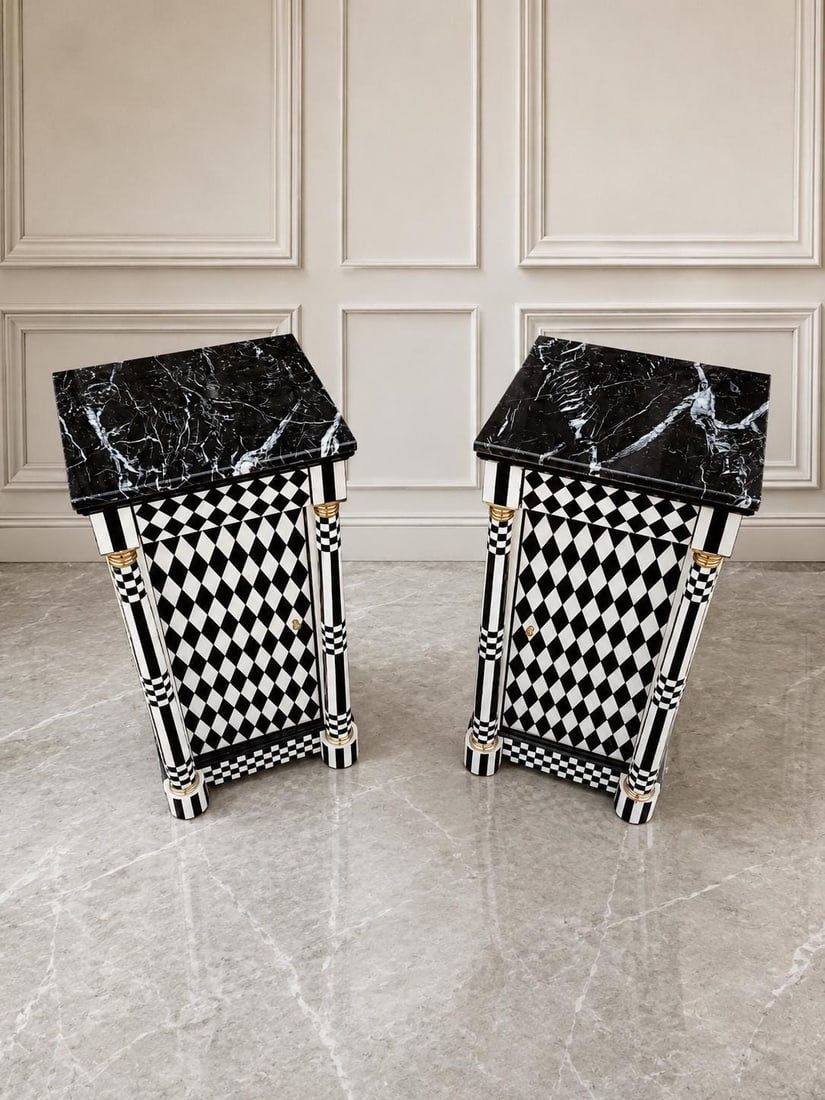 Hollywood Regency Storage Pedestal: Add a bold designer statement to your interior with this stunning Harlequin Accent Cabinet, featuring the iconic black-and-white diamond pattern, elegant striped columns, gold accents, and a luxurious