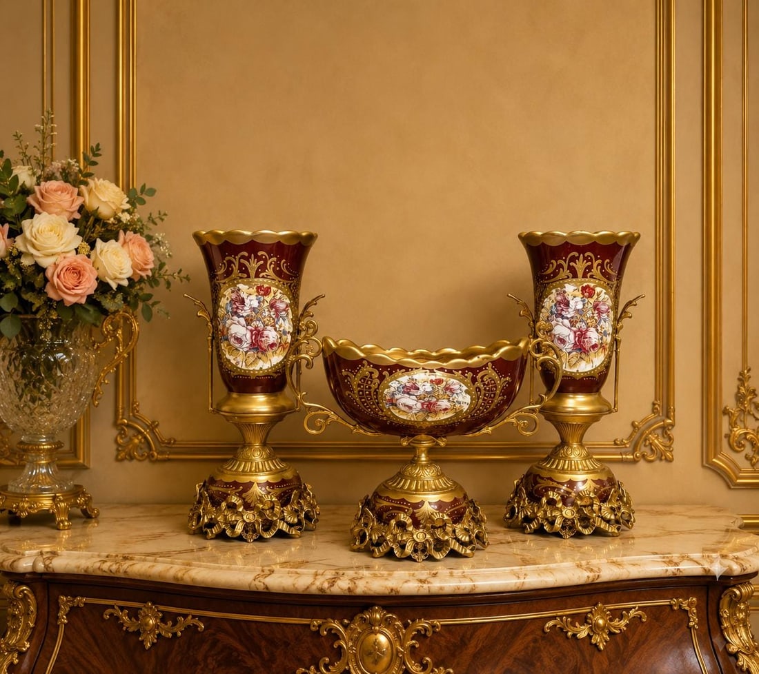 French Rococo Style Mantel Décor | Ornate: Bring timeless European elegance into your home with this stunning 3-piece luxury centerpiece set, featuring a pair of richly decorated urns and a matching centerpiece bowl. Finished in a sophisticate