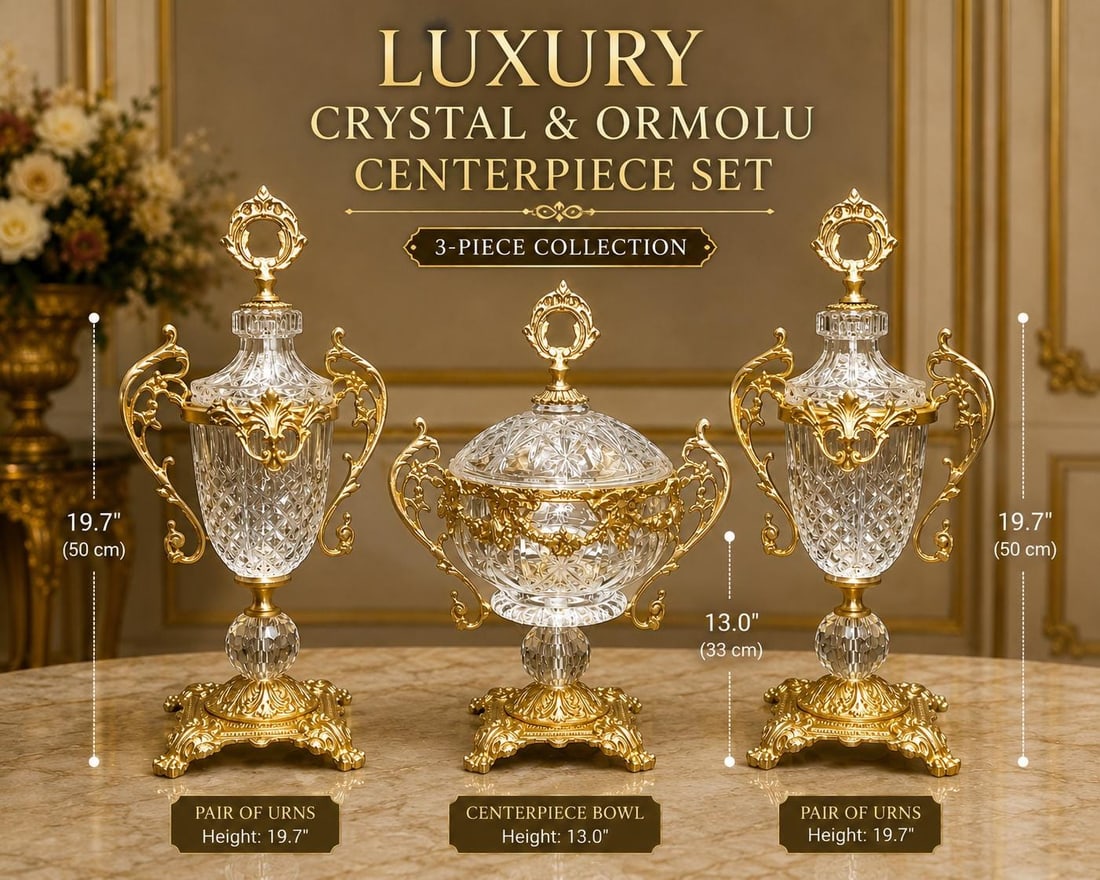 French Rococo Decor | Gilt Bronze Crystal: Elevate your interior with this breathtaking Luxury Crystal & Ormolu Garniture Set, featuring a matching pair of crystal urns and an elegant covered centerpiece bowl. Richly adorned with ornate gilt b