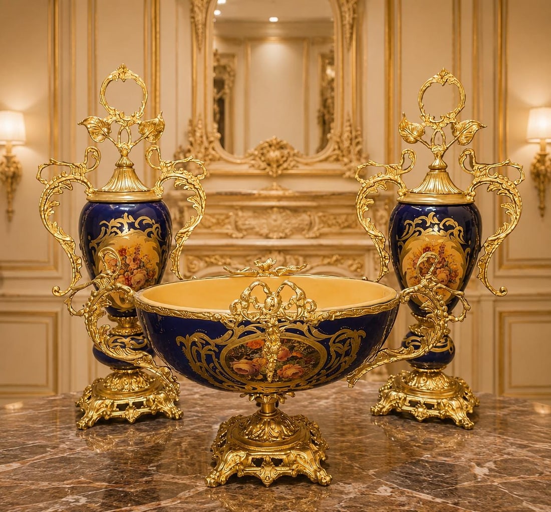 French Cobalt Blue Porcelain Garniture Set: A magnificent French-inspired garniture set designed to bring timeless elegance and aristocratic charm to any interior. This stunning three-piece garniture set features a pair of richly decorated coba