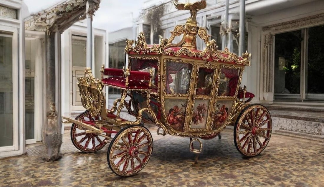 Handcrafted Royal Gold Carriage – Baroque: This piece is custom made to order and requires approximately 60 days for production, followed by additional transit time depending on the shipping method selected. Multiple shipping options are avail