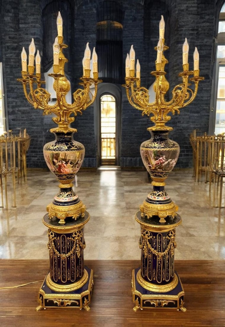 Majestic Pair of Antique Sevres-Style Porcelain: 45 day process time Description: An extraordinary and imposing pair of antique Sevres-style porcelain vases, each mounted on its own elaborately decorated pedestal. These museum-quality pieces feature