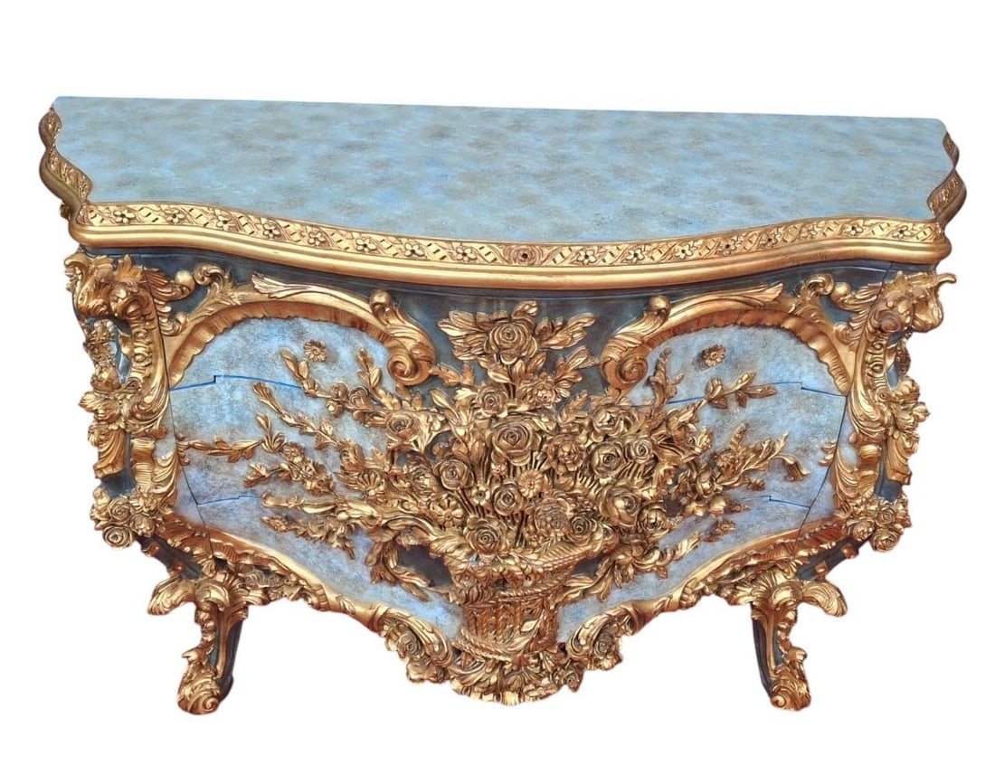 Hand-Carved Rococo Chest of Drawers | Blue &: This piece requires additional shipping time (Import duties). Various shipping options are available( for expedite delivery) . Transform your space with this stunning handcrafted Rococo-style chest of