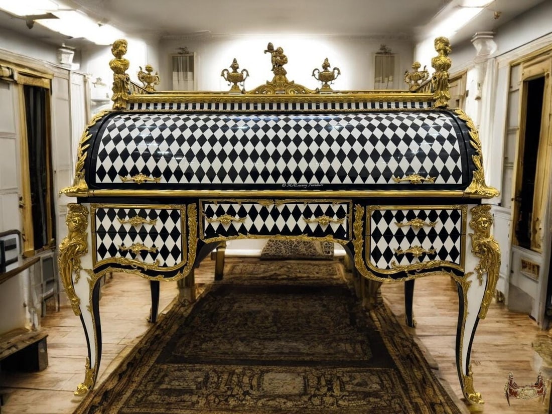 Unique Louis XV Style Harlequin Roll-Top: IN STOCK - Reach out for arrangements Prior Order Bring timeless elegance into your space with this Louis XV-style roll-top desk, a masterfully hand-crafted statement piece inspired by the grandeur of