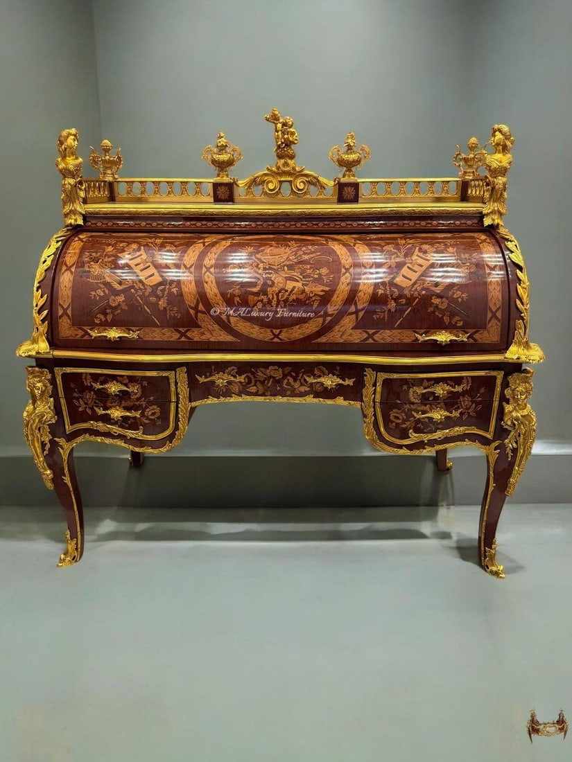 Monumental French Louis XV Cylinder Roll Top: This piece is made to order with a production time of 45 days, plus additional shipping time. Various shipping options are available. Elevate your interior with this breathtaking Louis XVI-style roll-