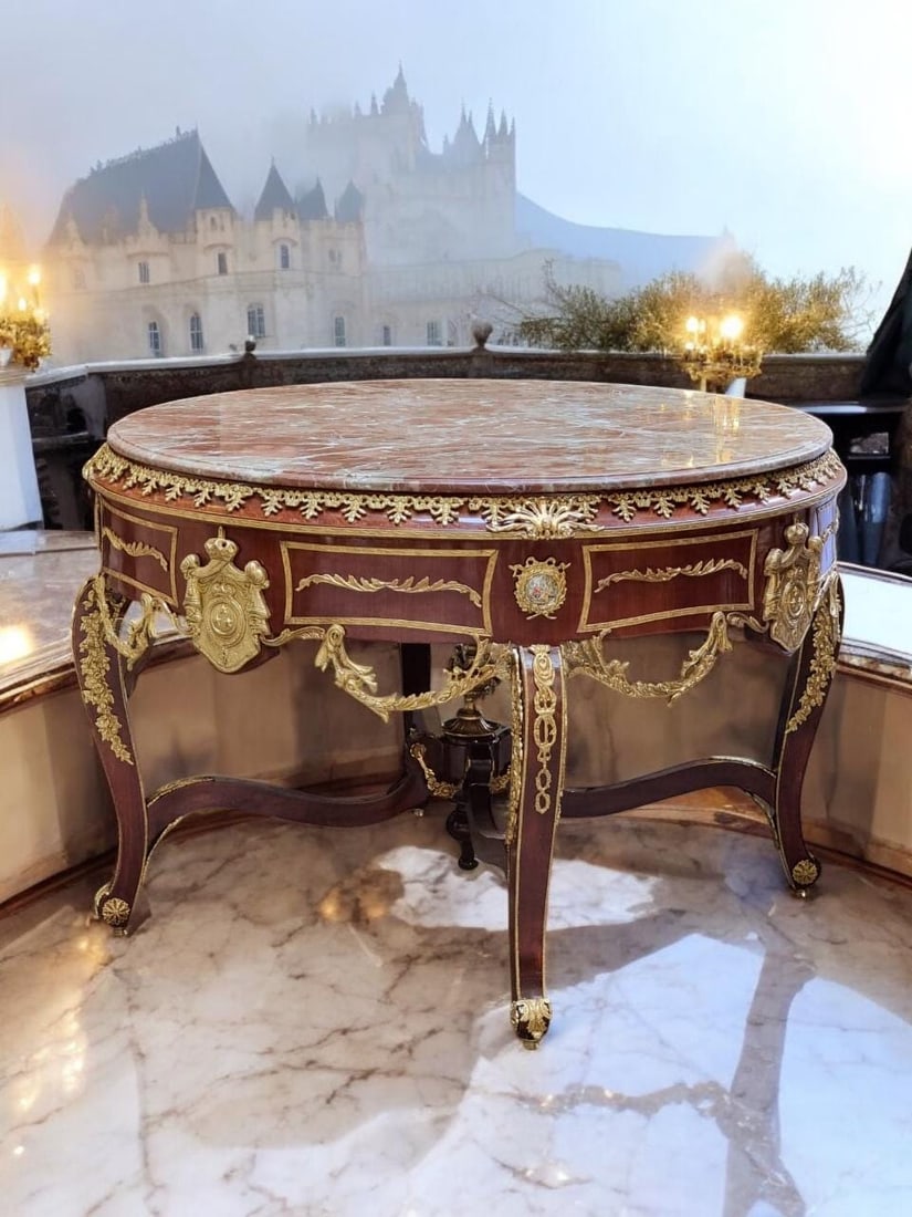 François Linke Gueridon Rare Centre Table with a: Description: A breathtaking Louis XVI style center table, exquisitely crafted with opulent detailing and refined materials. The table features a luxurious round red marble top, resting on a finely inl