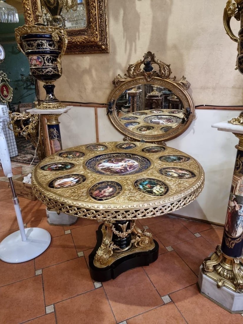 Unique Large Royal Salon Porcelain and Gilt: Item available in stock , 45 days processing time door to door Description: This exquisite round table is a stunning example of fine European craftsmanship, likely dating from the 19th century. It fea