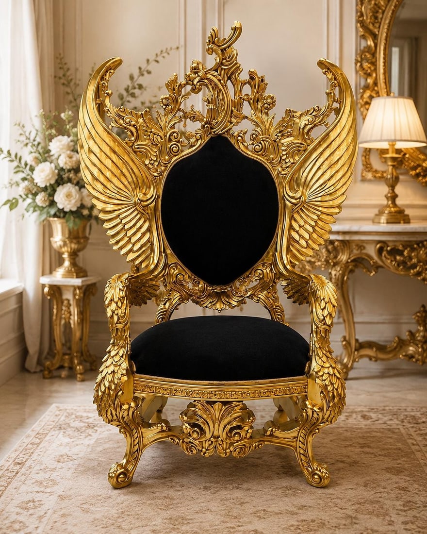 Royal Throne Black Velvet Chair- Read description: COMING SOON LIMITED AVAILABILITY Reserve yours Dimensions : Overall Dimensions * Width (Wing to Wing): 70" * Height: 82" Seat Dimensions * Width: 35.4" * Depth: 29.5" * Height (Floor to S