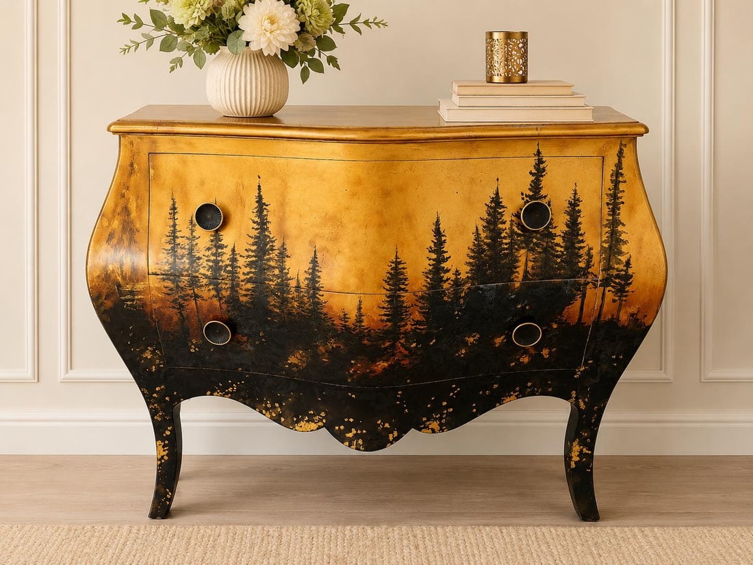 Forest Landscape Bombe Commode Hand Painted: 48" W x 21.7" D x 33.5" H This unique statement chest combines classic French Rococo curves with a bold modern-art interpretation, showcasing dark woodland scenery fading into warm amber and gold tone