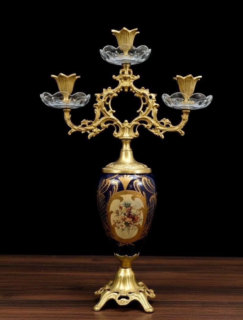 French Rococo Candelabra Ornate Brass & Crystal: DIMENSIONS - Height: 19 inches This luxurious three-arm candle holder showcases elaborate scrollwork inspired by classic Louis XV and Victorian designs, making it a perfect statement piece for dining 