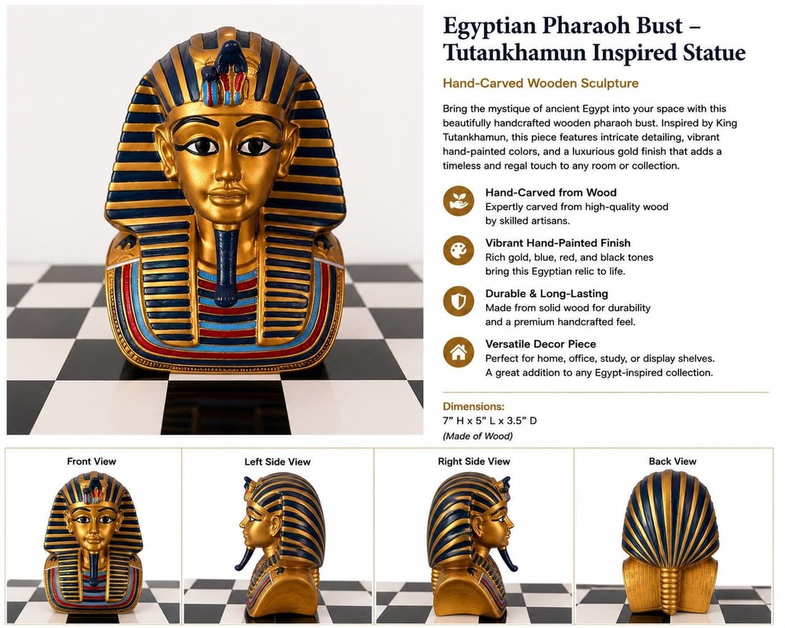 Pharaoh Bust | Tutankhamun Decor Statue | Gold (1 of 5)