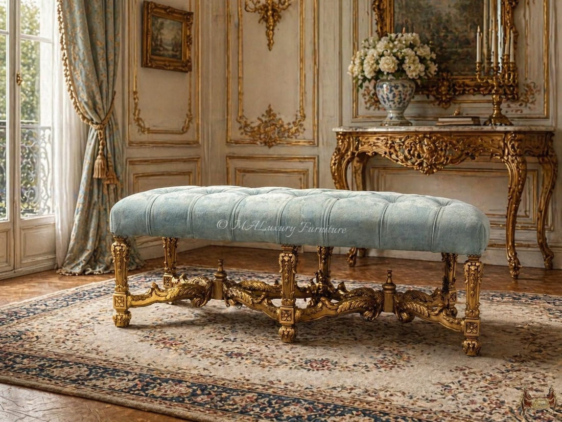 Louis XV Style Bench – Gilded French Rococo: DIMENSIONS - Length: 50 inches - Width: 21 inches - Height: 17 inches Bring timeless European elegance into your space with this stunning Louis XV-style bench, handcrafted to embody the beauty of clas