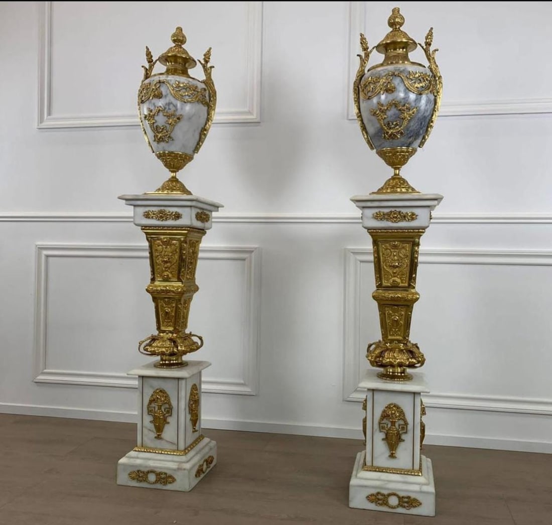 French Marble & Gilt Bronze Urns on Pedestals (1 of 3)