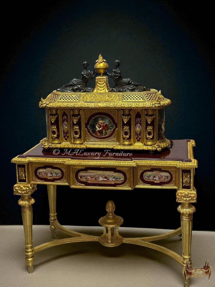 Marie Antoinette Gilt Bronze & Porcelain Jewelry: Dimensions Jewelry Box (Top): Width: 40 cm (15.7 in) Height: 85 cm (33.5 in) Depth: 60 cm (23.6 in) Matching Table (Base): Width: 120 cm (47.2 in) Height: 85 cm (33.5 in) Bring the elegance of