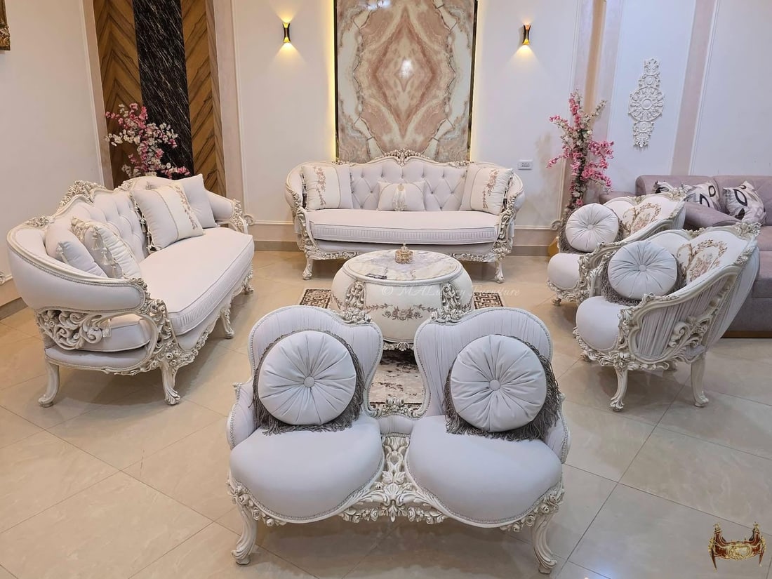Luxury French Living Room Set – 6-Piece: Create a truly elegant statement with this exquisite 6-piece French-inspired living room set, crafted with exceptional detail and timeless design. Featuring hand-carved frames, plush upholstery, and r